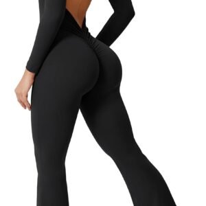 One Piece Wide Leg Jumpsuits for Women Workout Long Sleeve Backless Flare Jumpsuit Scrunch V Back Yoga Romper
