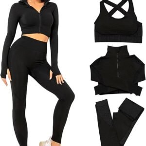 Women 3 PC Seamless Gym Clothing Workout Outfit with Jacket Bra & Leggings Set