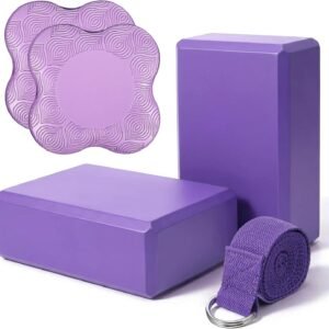 5-piece yoga block, knee pad, and stretching strap combo; soft, premium foam accessories; suitable for Pilates, meditation, general fitness, stable support, kneeling poses, balance exercises, deepening stretches, and toning (Purple).