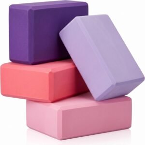 4-piece EVA foam yoga block set (multicolor, soft, non-slip, supportive); lightweight blocks and stretching accessories; suitable for women's Pilates and meditation practice.