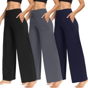 3 Pack Women Wide Leg Pants with Pockets - Casual Loose Yoga Trouser Pants Sweatpants Palazzo Lounge Pajama Pants