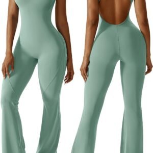 Women Flare Jumpsuit with Bra Tummy Control Cutout Romper Workout Outfit Sleeveless Unitard One Piece Backless Bodysuit