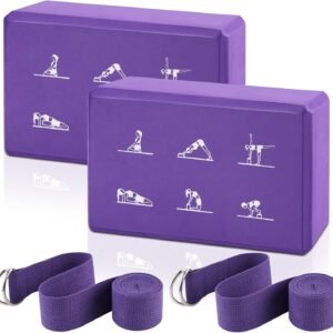 Yoga block and stretching strap combo (2 blocks, 2 straps); non-slip EVA foam blocks; high-density blocks with 6-foot stretching straps; highly supportive and latex-free; suitable for Pilates practice.