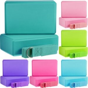 18-piece yoga block and stretching strap set, including 12 EVA foam yoga blocks (9 x 6 x ...3-inch) and 6 adjustable D-ring stretching straps (8 feet long); suitable for stretching, Pilates, gym workouts, and home exercise.